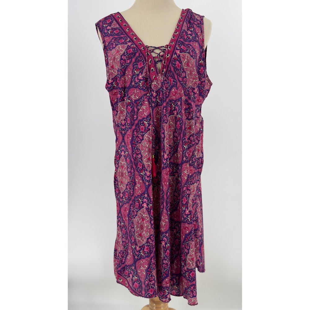 Moda Ibizaa Womens XL Purple Pink Paisley Lace Up V-Neck Art Silk Midi Dress